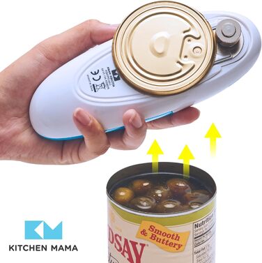 Автоматична електрична відкривачка для консервів Kitchen Mama, безпечна, з гладким краєм, харчова нержавійка, блакитна
