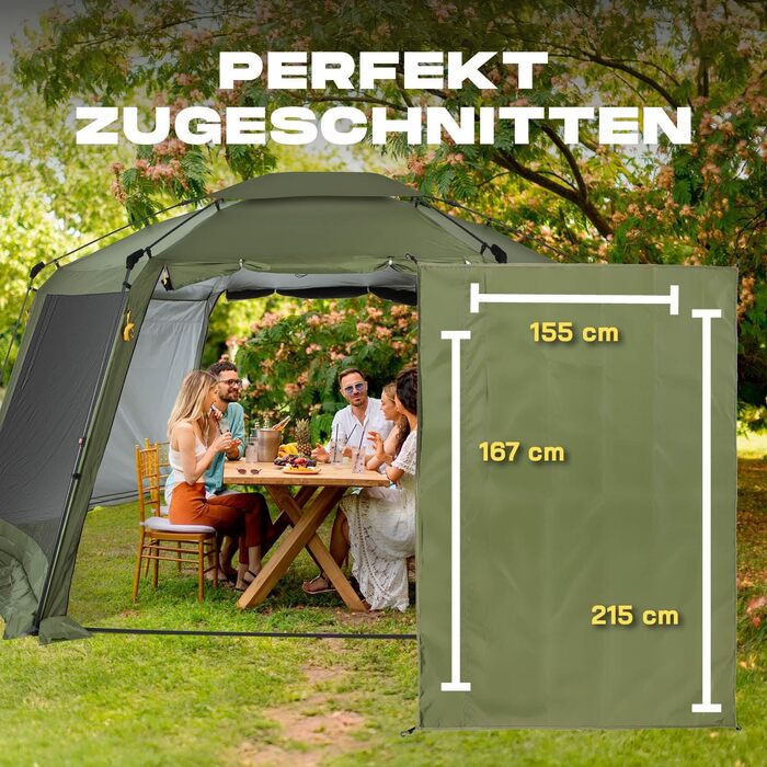 Намет садовий Lumaland Outdoor 2,5x2,5 м водонепроникний з UV-захистом, зелений, з бічною стінкою, сумкою та кілочками, швидке встановлення 2 хвилини, для кемпінгу та вечірок