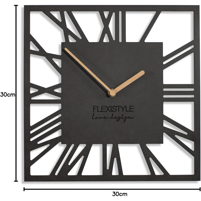 Сучасний настінний годинник FLEXISTYLE LOFT Piccolo Square 30 см, безшумний, чорний, для вітальні та ванної