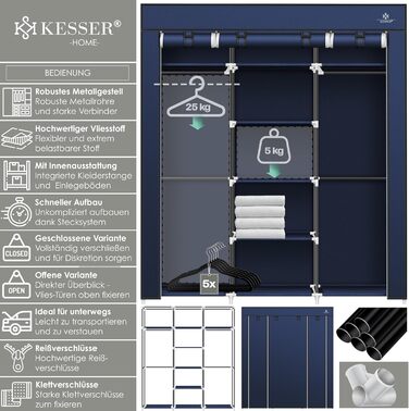 Тканинна шафа KESSER зі штангою та полицями, 150x45x175 см, 5 вішаків, синя, для спальні та гардеробної