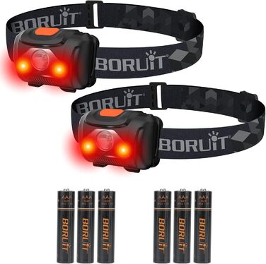 Налобний ліхтар BORUIT LED, 2 шт., з червоним світлом, 4 режими, на батарейках AAA, для дітей і дорослих, для кемпінгу, бігу, риболовлі, туризму