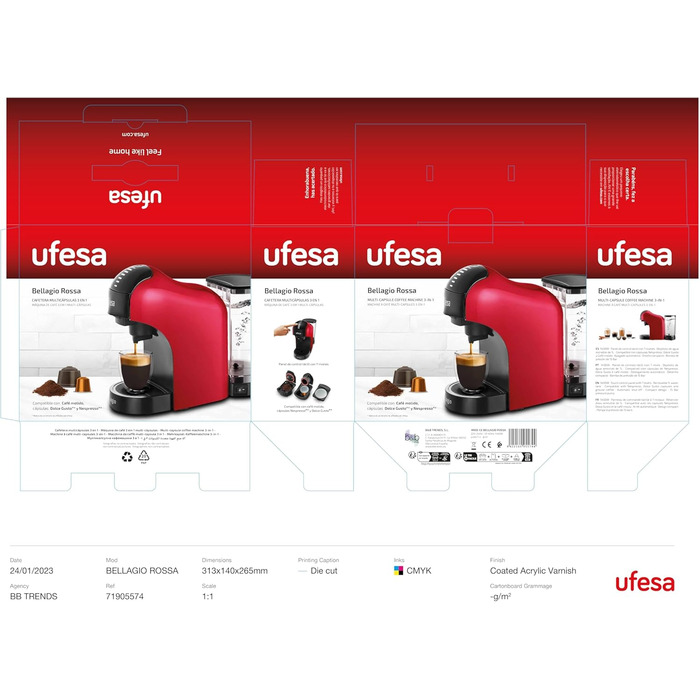 Кавоварка Ufesa Bellagio 3-в-1 для капсул Nespresso, Dolce Gusto або меленої кави, сенсорна панель, 7 режимів, резервуар 1 л, 1400 Вт, 15 бар, червона, компактна