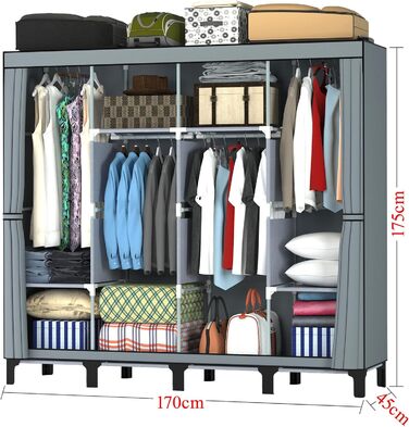 Тканинна шафа LOEFME 170x175x45 см для спальні з 2 рейками для вішалок