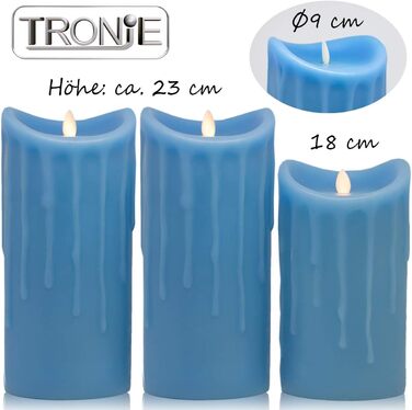 Світлодіодні свічки Tronje з натурального воску, набір 3 шт, сині, з таймером і рухомим полум'ям, 23/18/23 см