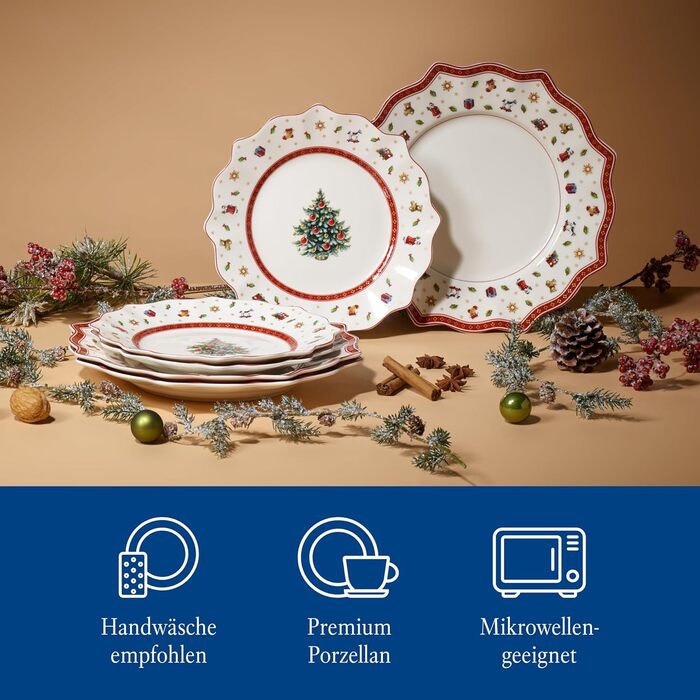 Villeroy & Boch Toy's Delight – набір тарілок 8 шт., порцеляна, святковий набір для різдвяного столу, обідні та сніданкові тарілки з новорічним малюнком, сервіз на 8 персон