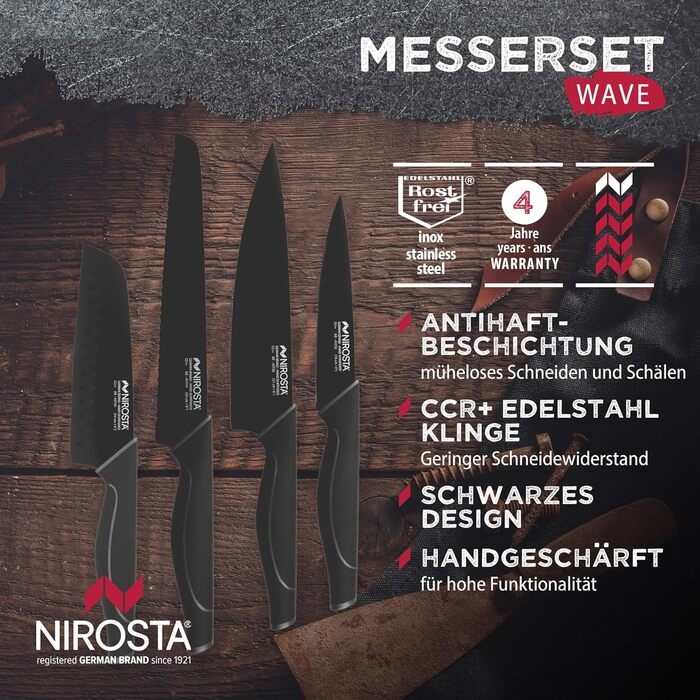Набір ножів Nirosta Wave, 4 шт, преміум нержавіюча сталь, зручна ручка Soft-Touch, універсальні кухонні ножі, чорний колір