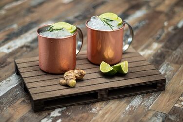 Набір для коктейлів Moscow Mule: 2 склянки по 500 мл з полірованої міді, барна ложка 27 см, джигер 5cl, чорна преса для лайма, харчова сталь, подарункова коробка