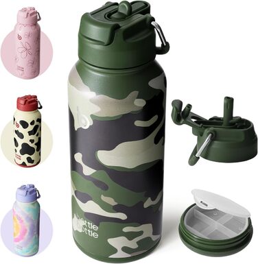 Пляшка для води з нержавіючої сталі BOTTLE BOTTLE 1 л з трубочкою, термос для спорту та фітнесу, ізольована, з відсіком для пігулок, BPA-free, подвійна стінка, джунглі-камуфляж