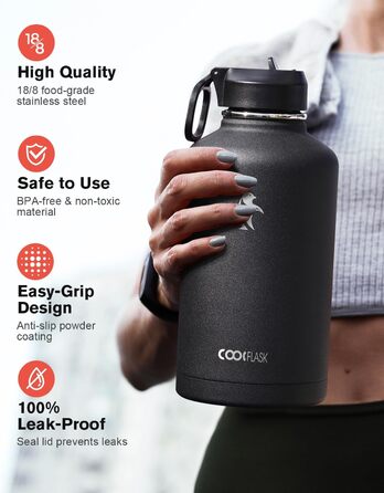Термос пляшка для води Coolflask 2 л з трубочкою та 3 кришками, ізольована сталева спортивна пляшка з подвійною вакуумною ізоляцією, не протікає, чорна для спорту та офісу