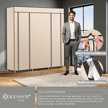Тканинна шафа для одягу KESSER, з полицями та штангою, 150x45x175 см, бежевий, для спальні та гардеробу, з 5 вішалками
