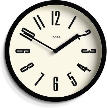 Годинник JONES CLOCKS для ванної та кухні, настінний, ретро, круглий, 20 см, чорний, легкі для читання цифри, ідеальний для кухні, офісу, дитячої кімнати або невеликих приміщень