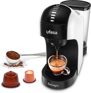 Кавомашина Ufesa Bellagio 3-в-1 для капсул Nespresso, Dolce Gusto та меленої кави, сенсорна панель, 7 рівнів, резервуар 1 л, 1400 Вт, 15 бар, компактна