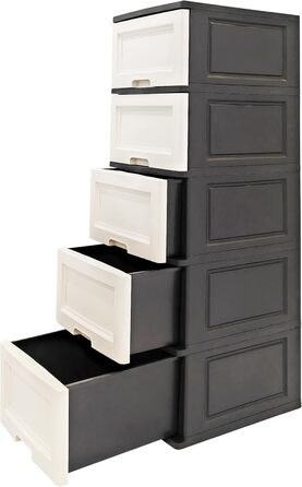 Комод 44x50x127 см з 5 великими шухлядами XXL по 40 л, фасади в яскравих кольорах, сучасний дизайн, з екологічного переробленого пластику PP (чорний/білий, сосна)