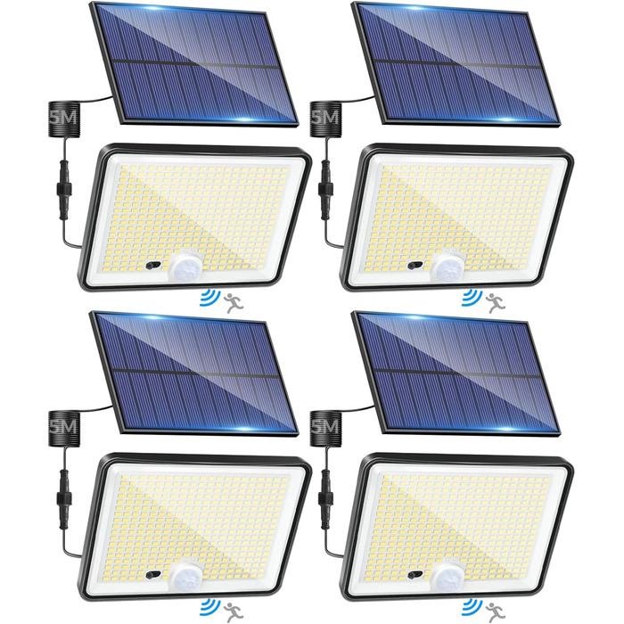 Сонячні LED ліхтарі LOTMOS з датчиком руху, 342 LED, IP65, 3 режими, з пультом, для вулиці, саду, гаража, холодне біле світло, 4 шт.