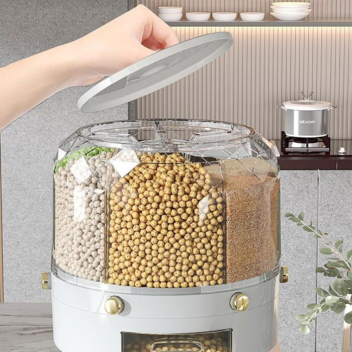 Диспенсер для сипучих продуктів та злаків, великий круглий контейнер для рису, квасолі та круп з 6 відділеннями, бокс для зберігання продуктів