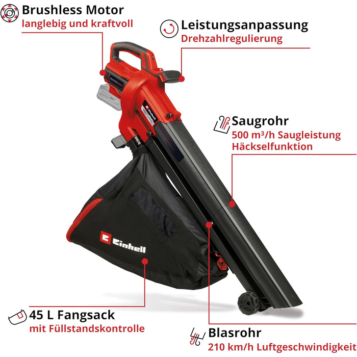 Акумуляторний садовий пилосос Einhell VENTURRO 18/210 Power X-Change, Li-Ion 18 В, потужність всмоктування 500 м³/год, мішок 45 л, швидкість повітря 210 км/год, без акумулятора та зарядного пристрою