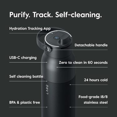 LARQ Bottle PureVis 2 680 мл – Самоочищувальна пляшка для води з UV-C LED та додатком для контролю рідини, подвійна ізоляція, нержавіюча сталь, багаторазова, 2 роки гарантії, Obsidian Black