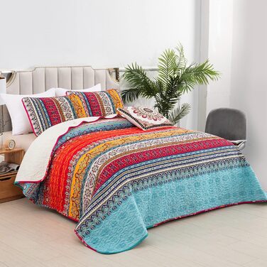 Покривало WONGS BEDDING Boho 220x240 см, мікрофібра, 3 предмети: стьобане покривало на двоспальне ліжко та 2 наволочки 50x70 см, для спальні або дивана (Богемний стиль)