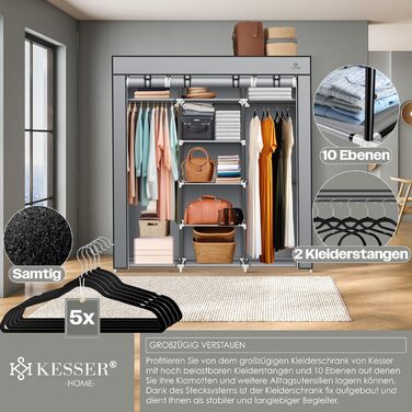 Тканинна шафа для одягу KESSER з полицями та вішалкою, 150x45x175 см, 5 вішаків, сіра, для спальні та гардеробної