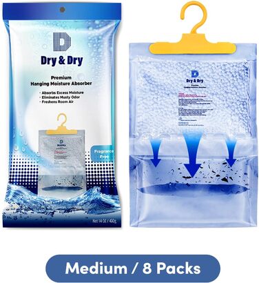 Преміум вологопоглиначі Dry & 8 шт. (14 унцій/шт) для підвалу, шаф, ванної, пральні – ультра потужний засіб від зайвої вологи, підвісний, поглинач вологи