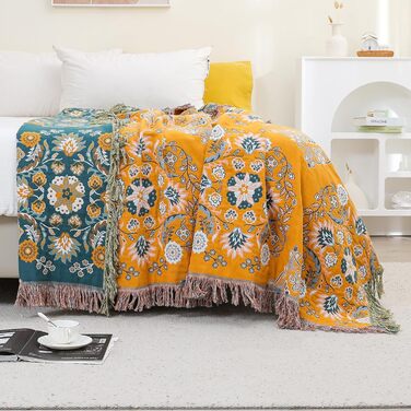Покривало HOORDRY Boho для ліжка та дивана, бавовняна двостороння ковдра 150×200 см з китицями, жовто-зелене, для спальні та вітальні
