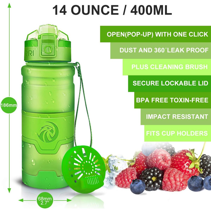 Дитяча спортивна пляшка для води ZORRI, 400/500/700/1000 мл, з фільтром, BPA-free, екологічний тритан
