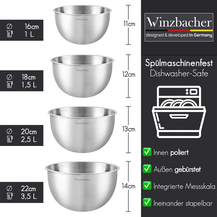 Набір мисок з нержавіючої сталі Winzbacher 4 шт (1 л, 1.5 л, 2.5 л, 3.5 л), з мірною шкалою, для салатів і змішування, підходять для посудомийної машини, штабельовані, внутрішня поліровка, зовнішня шліфовка