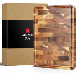 Дошка для нарізки з акації XINZUO 35x25x2,6 см, торцевий зріз, з ручками, антиковзними ніжками і жолобом для соку – кухонна дерев'яна дошка для м'яса та овочів