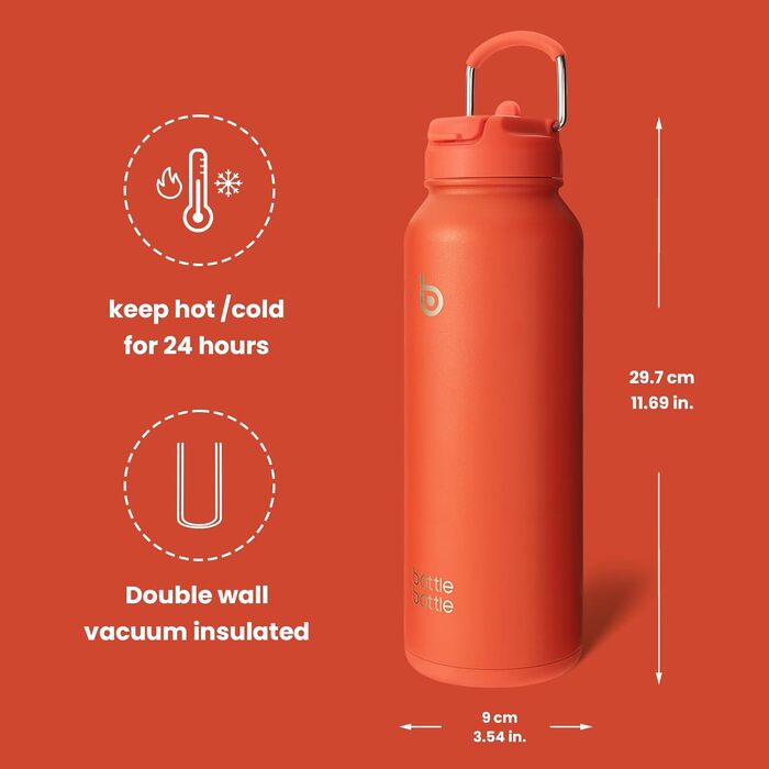 Термос-пляшка з трубочкою BOTTLE BOTTLE, спортивна нержавіюча пляшка 1 л з ручкою, для води, таблеток, біла/помаранчева