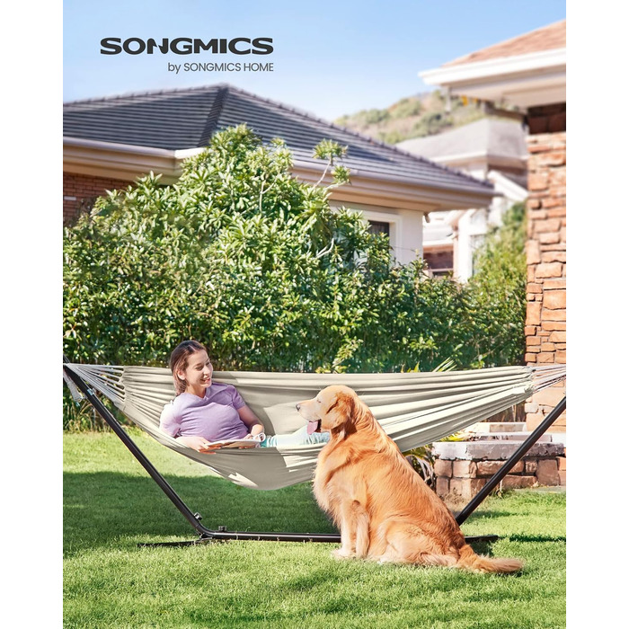 Гамак SONGMICS 210x150 см, подвійний, до 300 кг, з сумкою, ременями та карабінами, для тераси, балкона, саду, кемпінгу, бежевий