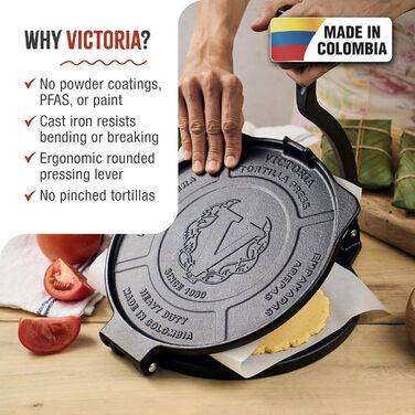 Прес для тортильї Victoria 25 см, чавунний, професійний, для мексиканських тортильї, такос, ареп, кесадільї, емпанад, патаконес