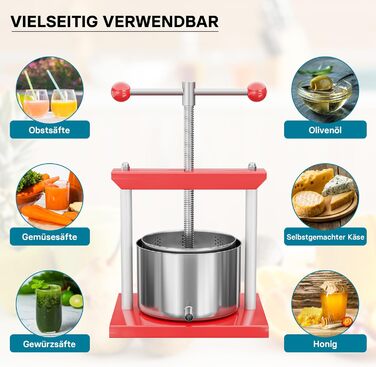 Прес для фруктів Wiltec 6 л, сталевий, з нержавіючим кошиком, ручний, для соку, вина, ягід