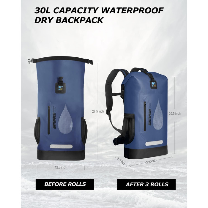 IDRYBAG Водонепроникний рюкзак 30 л з ПВХ для чоловіків, плаваюча сумка для каякінгу, каное, човна, кемпінгу, туризму