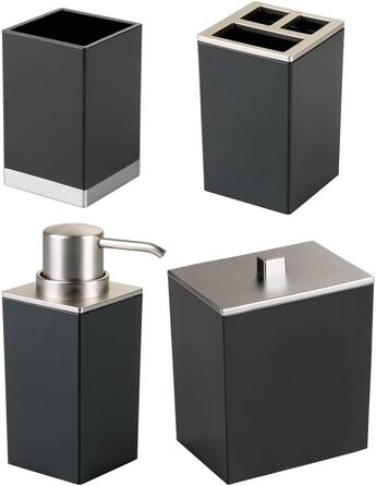Набір органайзерів для ванної кімнати mDesign Lumiere, 4 шт, чорний/матовий, пластик: дозатор для мила, тримач для зубних щіток, контейнери для зберігання, аксесуари для раковини