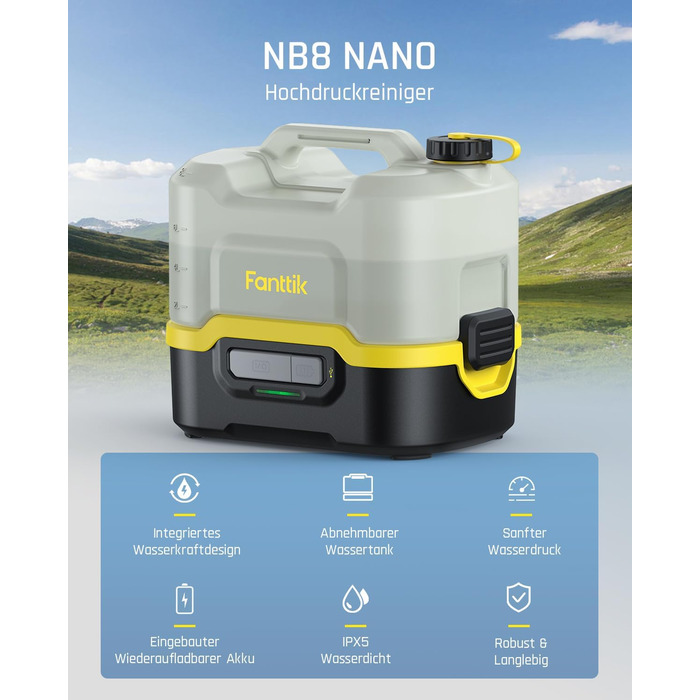 Fanttik NB8 Nano – портативна бездротова електрична мийка високого тиску з баком 8 л, телескопічною насадкою, акумулятором 2600 мА·год, для тераси, кемпінгу та миття домашніх тварин