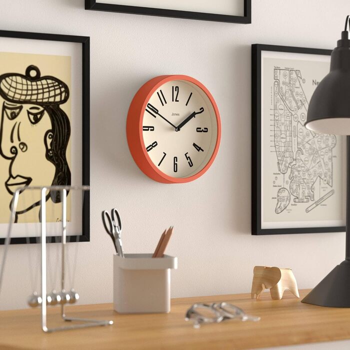 Настінний годинник JONES CLOCKS 20 см, ретро, помаранчевий, легке читання, для кухні, офісу, дитячої кімнати