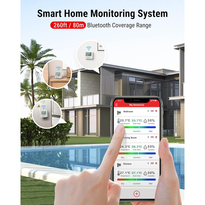 Цифровий гігрометр ThermoPro TP357-3 (3 шт), Bluetooth, 80 м, термометр для кімнати, додаток, індикатор вологості зі смайликом, для офісу, винного погребу, теплиці