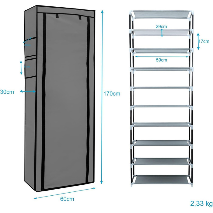Тканинна шафа INTIRILIFE з блискавкою 170x58x28 см, 9 полиць, для одягу та взуття, розкладна, для кемпінгу, сірий