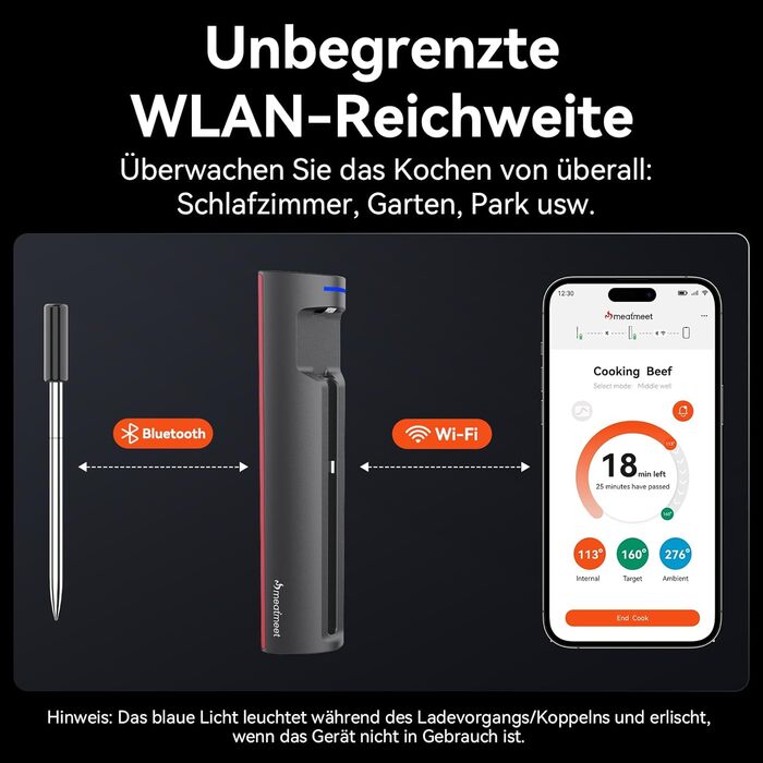 Meatmeet Pro бездротовий термометр для м'яса з Wi-Fi та Bluetooth, водонепроникний IP67, з таймером і додатком, для барбекю, духовки, гриля, кухні, вертіла