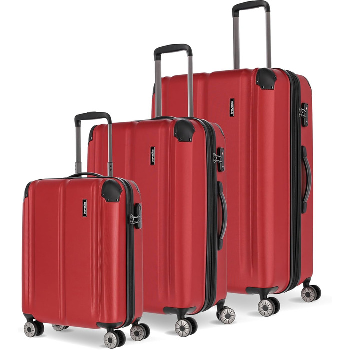 Дорожній валізний чемодан Travelite City 55 см, 40-45 л, жорсткий корпус, 4 колеса, для ручної поклажі, з розширенням і функцією насадки, червоний, захист від подряпин
