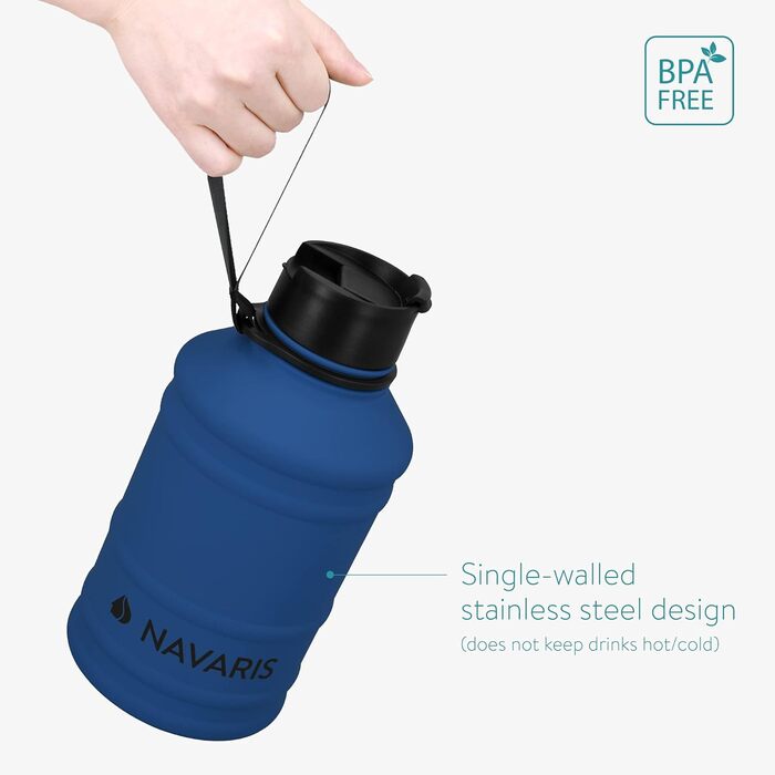Navaris спортивна пляшка для води 2,2 л з нержавіючої сталі, BPA Free, синя, для тренувань, спортзалу, велика місткість