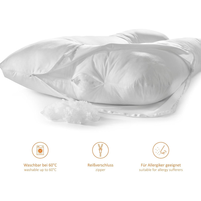 Подушка для вагітних та для сну на боці Sleepling U-подібна, 140x75x20 см, біла, знімний чохол 100% бавовна, прати при 60°C, сертифікат OEKO-TEX, вироблено в ЄС