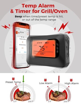 Бездротовий термометр для гриля BFOUR з Bluetooth, 4 нержавіючі щупи, цифровий м'ясний термометр з таймером, сигналом та керуванням через додаток