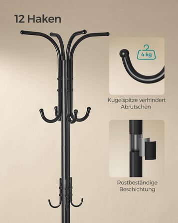 Вішалка SONGMICS з підставкою для парасольок, металева, 12 гачків, 175 см, для передпокою, коридору, вітальні, спальні, чорна