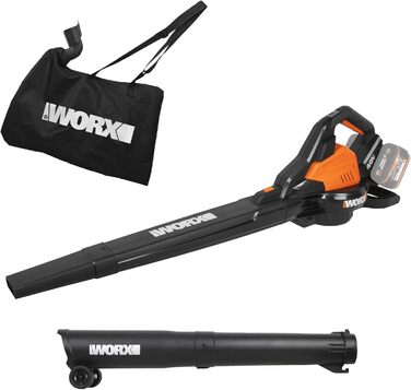 Акумуляторний повітродув та пилосос WORX WG583E.9 40В (2x20В), 2-в-1 для збору та всмоктування листя, мішок 35 л, без акумулятора і зарядного, чорний/помаранчевий