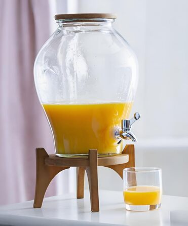 Диспенсер для напоїв Fresh зі скла з краном, 6 л, на підставці з дерев'яною кришкою — скляний контейнер для соку, лимонаду, води
