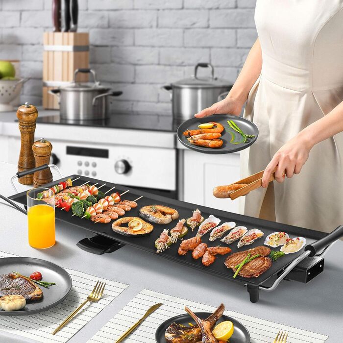 Електричний гриль GOPLUS 1800 Вт, антипригарна гриль-плита Teppanyaki, настільний гриль з регульованим термостатом і знімною жирозбірною чашею, велика поверхня для барбекю та вечірок, 90x23 см