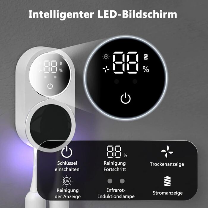 Тримач та стерилізатор для зубних щіток Justup з LED-екраном, настінний зарядний пристрій для ванної кімнати, для сімейного використання, білий