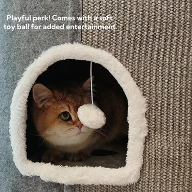 Spindro Котяча хатинка-ліжко велика, будиночок для котів для дому з м'якою подушкою Sherpa та підвішеною іграшкою, світло-сірий, 42x42x33 см, 4-рівнева, 42x32x84 см