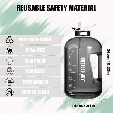 Пляшка для води з трубочкою 2,5 л, BPA-free, герметична, спортивна пластикова пляшка з часовими мітками для фітнесу, офісу, дому, чорна